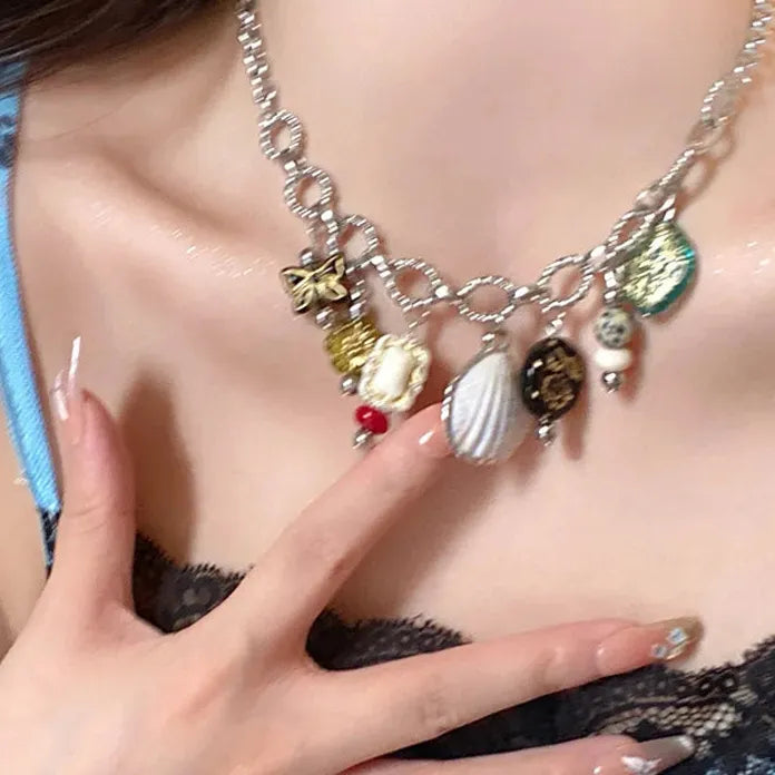 Vintage Zinc Alloy Rhinestone Butterfly Shell Choker Necklace with Tassel