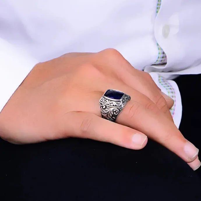 Vintage Punk Geometric Blue Zinc Alloy Men's Ring Luxury Anniversary Wedding Jewelry
