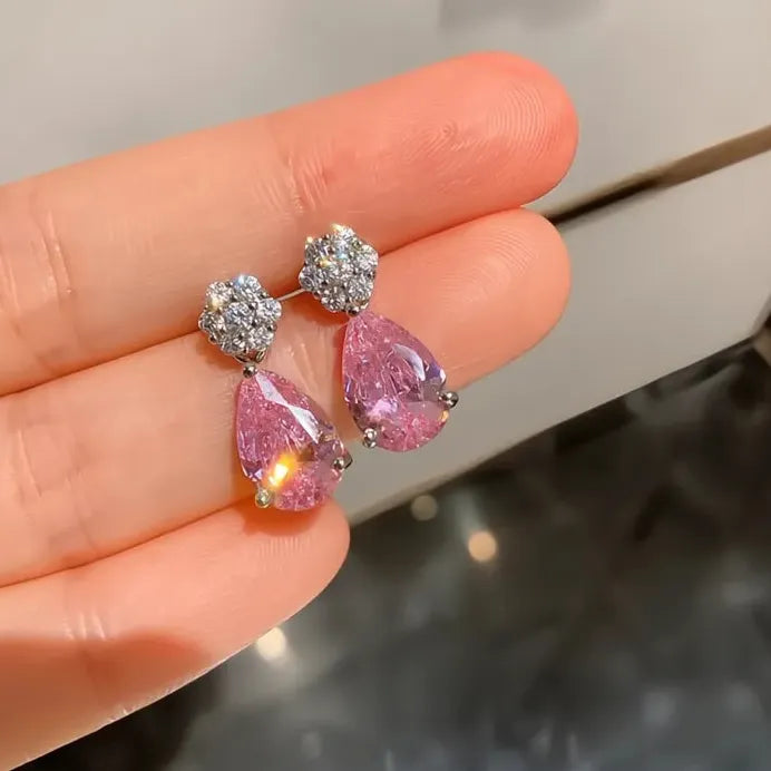 Pear Shape Pink Cubic Zirconia Dangle Earrings Silver Tone Jewelry