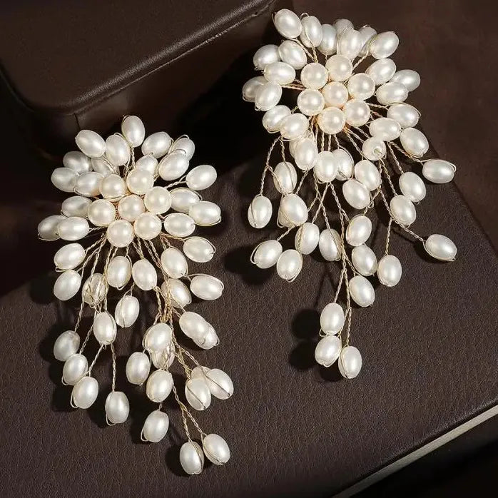 Vintage Imitation Pearl Flower Earrings for Women Handmade Beaded Tassel Jewelry