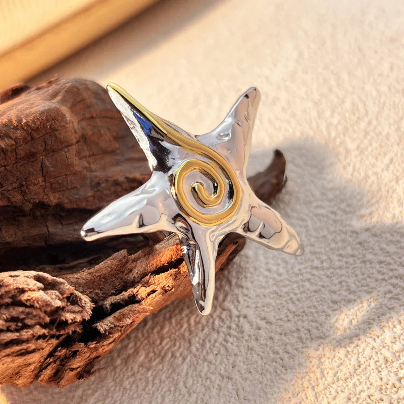 18k Gold Plated Oversize Two-Color Starfish Ring for Women Trendy Jewelry
