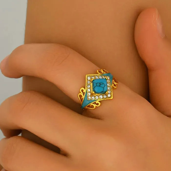 Vintage Bohemian Carved Flower Turquoise Ring Zinc Alloy Ethnic Style Gift