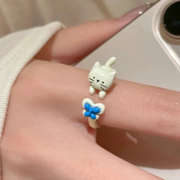 Adjustable Cat Ring for Women Featuring Pearl Inlay Butterfly Apple Gift
