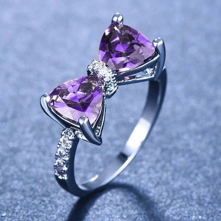 Purple CZ Bow Ring for Women Zinc Alloy Wedding Party Fashion Jewelry Gift