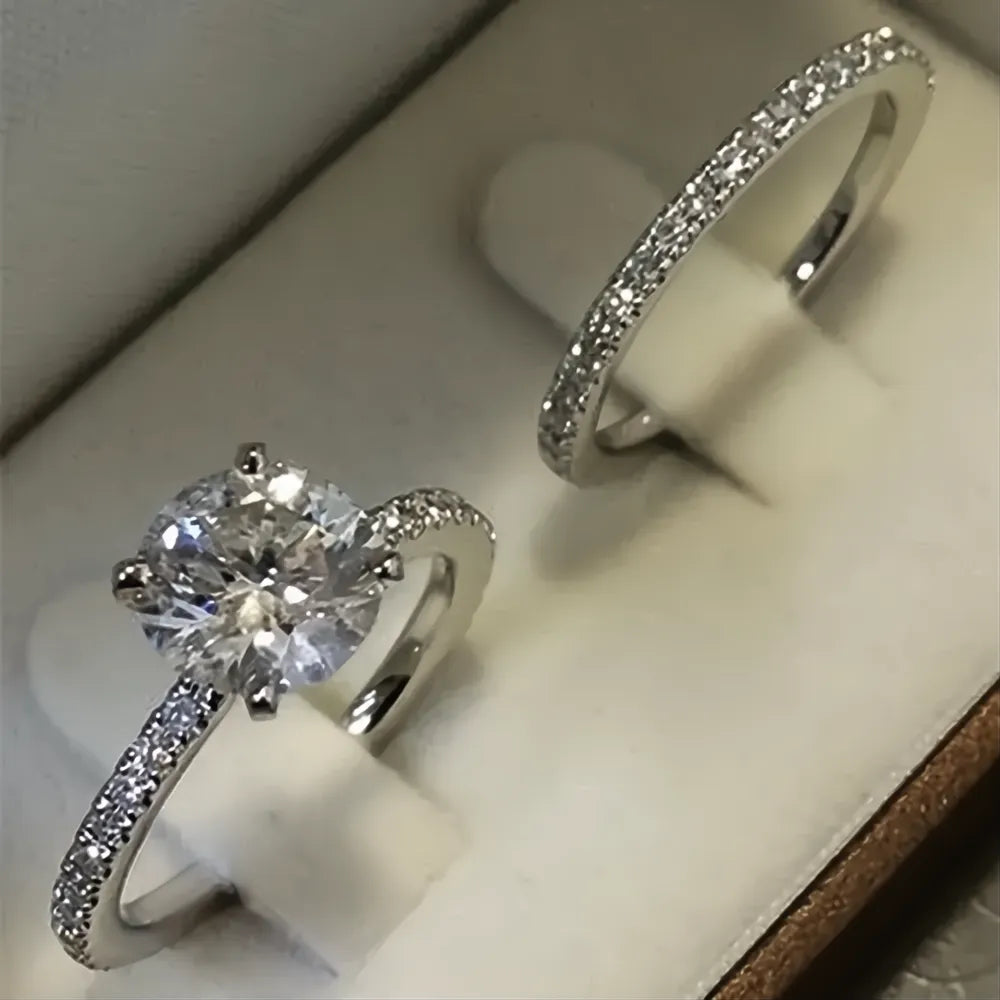 Simple Elegant Round Square Cubic Zirconia Rings for Women Silver Color Bridal Wedding Party Jewelry Set