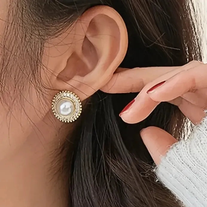 Geometric Pearl Stud Earrings with CZ Inlay for Wedding & Party Wear