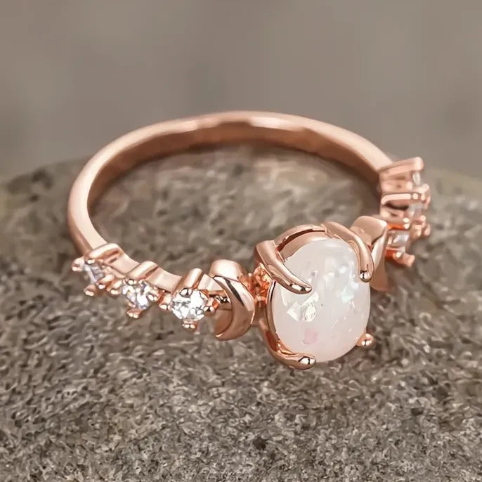 Brass Wedding Ring with Blue White Opal and Cubic Zirconia Gift