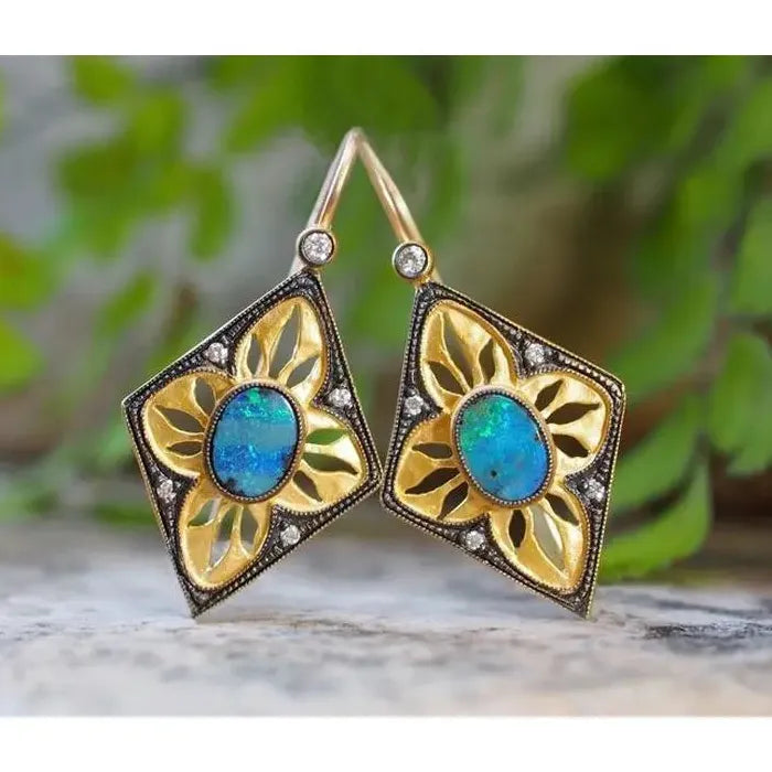 Vintage Ethnic Diamond Hollow Sunflower Drop Earrings with Synthetic Turquoise for Women