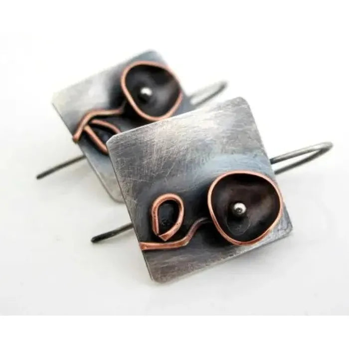 Vintage Zinc Alloy Metal Square Geometric Floral Carving Pendant Drop Earrings for Women