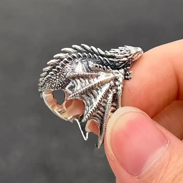 Gothic Punk Dragon Ring Featuring Pterosaur Wings Adjustable for Men Women