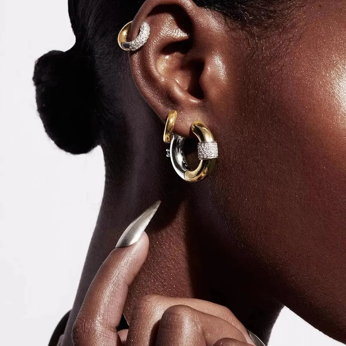 Gold Plated Double-Layer Chunky O-Shaped Hoop Earrings CZ Zircon Punk Jewelry