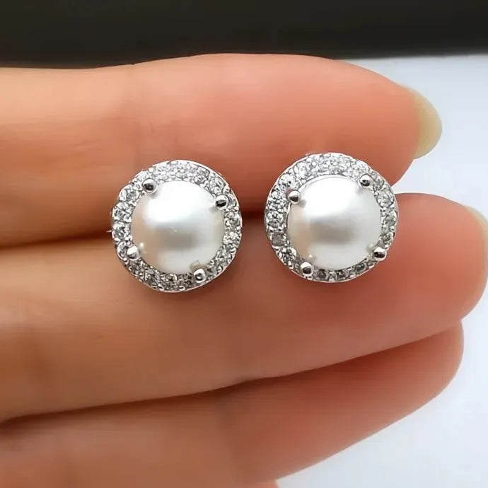 Classic Simulated Pearl Cubic Zirconia Stud Earrings for Women Copper Alloy