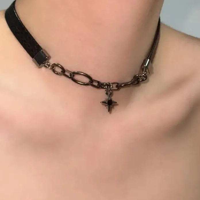 Punk Black Leather Star Collarbone Necklace Unisex Rock Hip Hop Jewelry