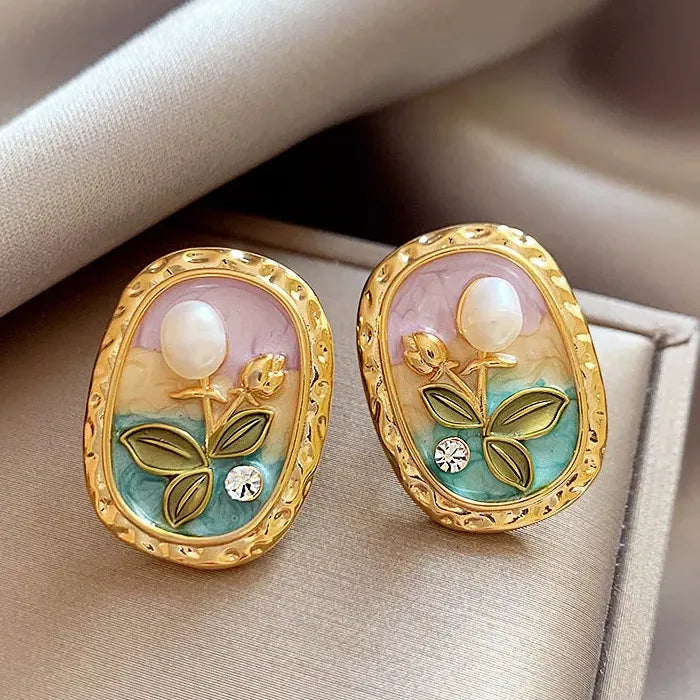 Vintage Pearl Zinc Alloy Oval Stud Earrings with Rectangular Garden Design