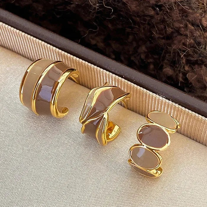 Vintage Brown Resin C-Shape Enamel Stud Earrings for Women Metal Jewelry