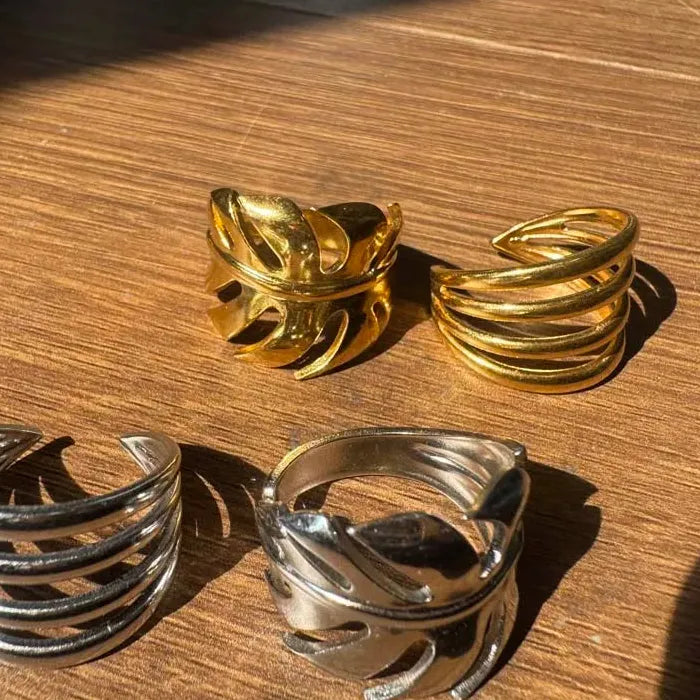 Adjustable Stainless Steel Leaf Wave Line Ring for Women Vintage Gold Jewelry