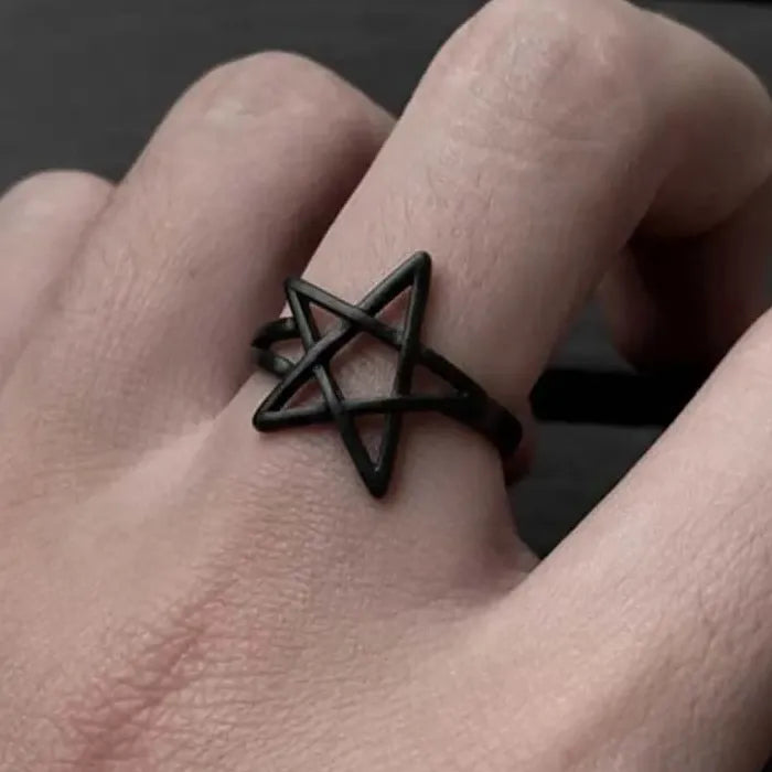 Adjustable Black Pentagram Star Ring Stainless Steel Fashion Jewelry Gift