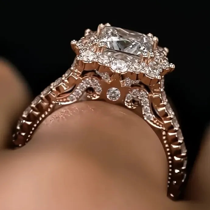 Rose Gold Geometric Cocktail Ring Inlaid Full Bright Cubic Zirconia Jewelry