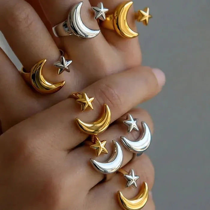 Adjustable Stainless Steel Gold Star Moon Ring for Women Celestial Gift
