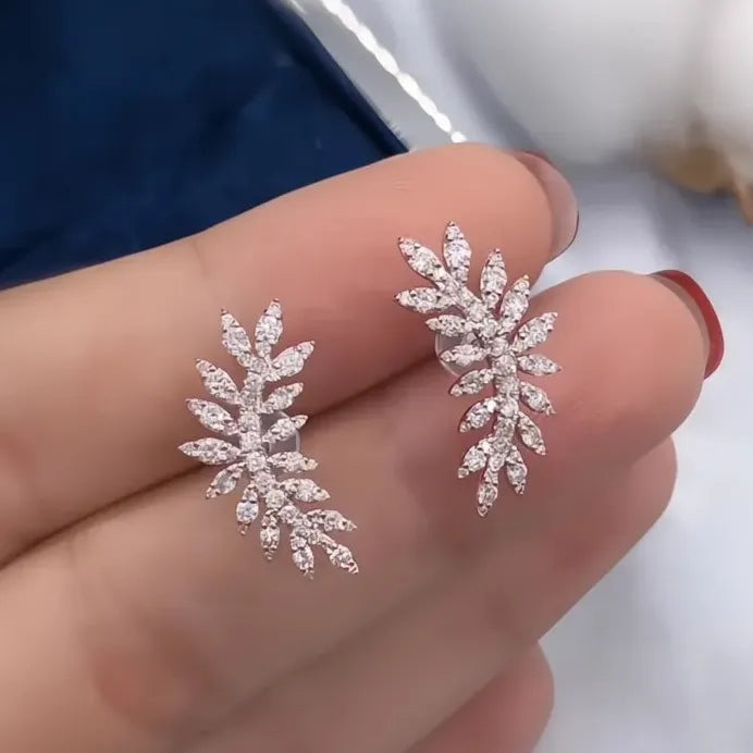 Silver Leaf Geometric Stud Earrings with White CZ Stone for Women