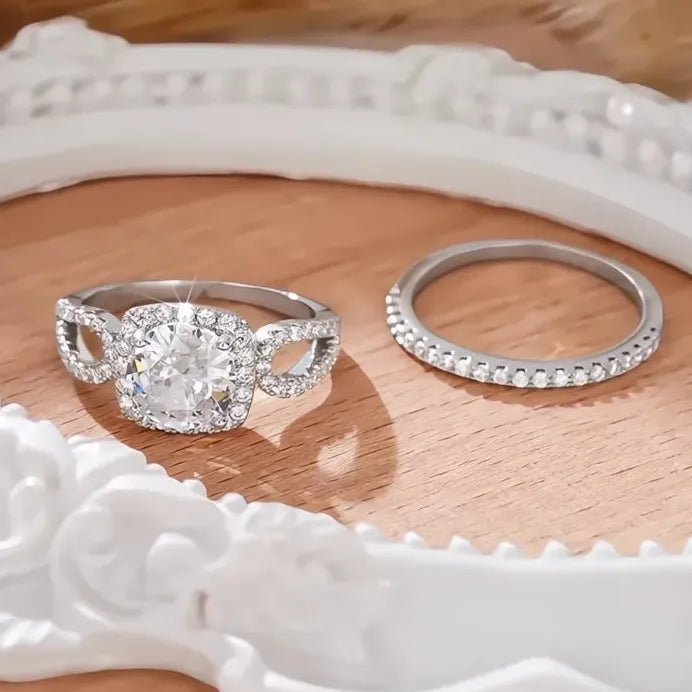 Brass Cubic Zirconia Wedding Band Set Delicate Promise Rings