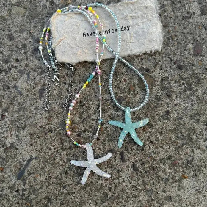 Y2K Blue Acrylic Starfish Pendant Necklace for Women Colorful Bead Choker
