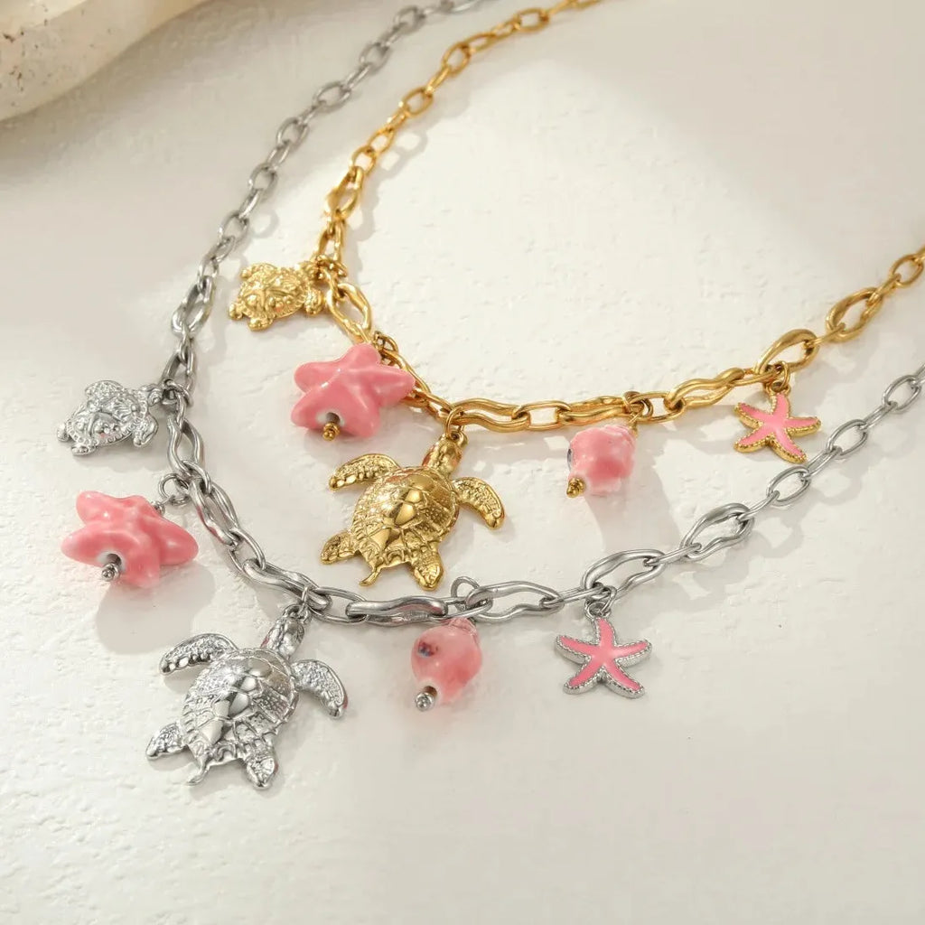 Stainless Steel Pink Starfish Conch Shell Pendant Necklace Waterproof Choker Jewelry