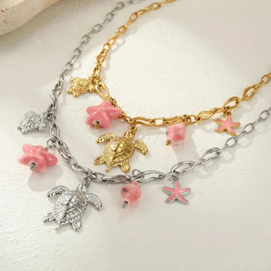 Stainless Steel Pink Starfish Conch Shell Pendant Necklace Waterproof Choker Jewelry