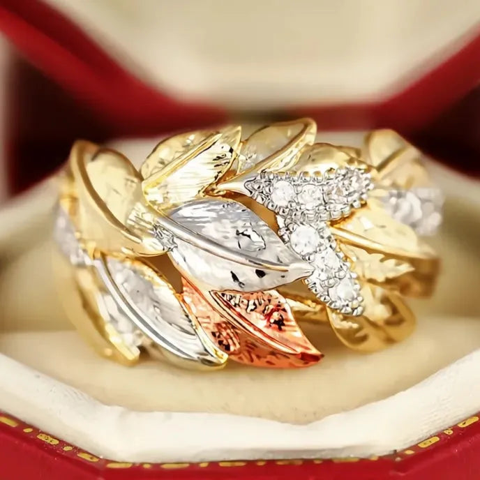 Brass Cocktail Ring for Women with Leaf Design and Shiny Cubic Zirconia Wedding Party Jewelry