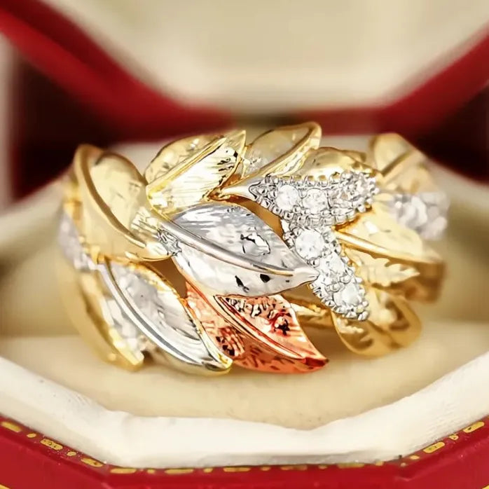 Three-Tone Leaf Cubic Zirconia Wedding Band Ring for Women Brass Jewelry