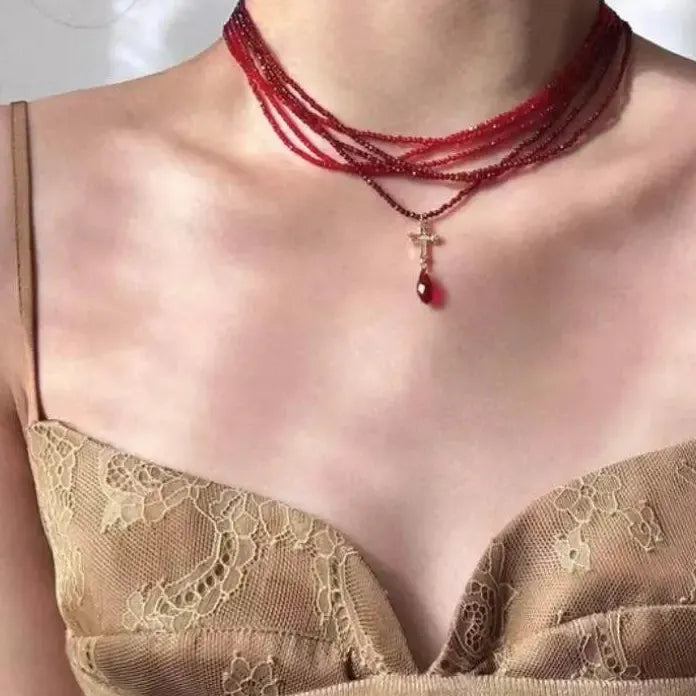 Punk Gothic Red Rhinestone Cross Crystal Pendant Choker Necklace Women
