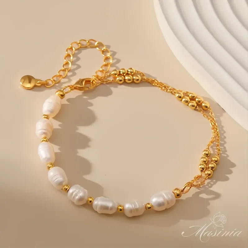 Freshwater Pearl Gold Plated Beaded Bracelet Women Link Chain