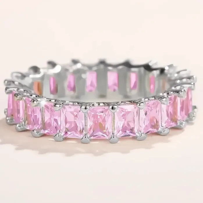 Crystal Pink CZ Geometric Promise Ring Women’s Wedding Band Brass Jewelry