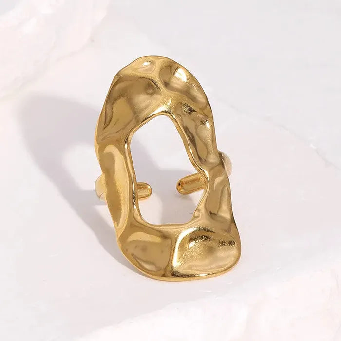 Gold Stainless Steel Irregular Hammered Open Ring Waterproof Gift for Women Men