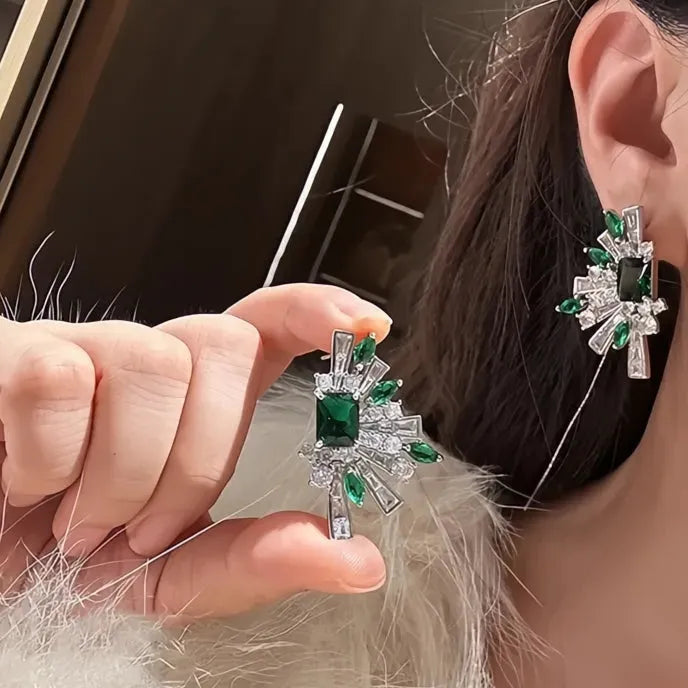 Luxury Women Geometric Copper Alloy Stud Earrings Inlaid Green White CZ Jewelry Gift