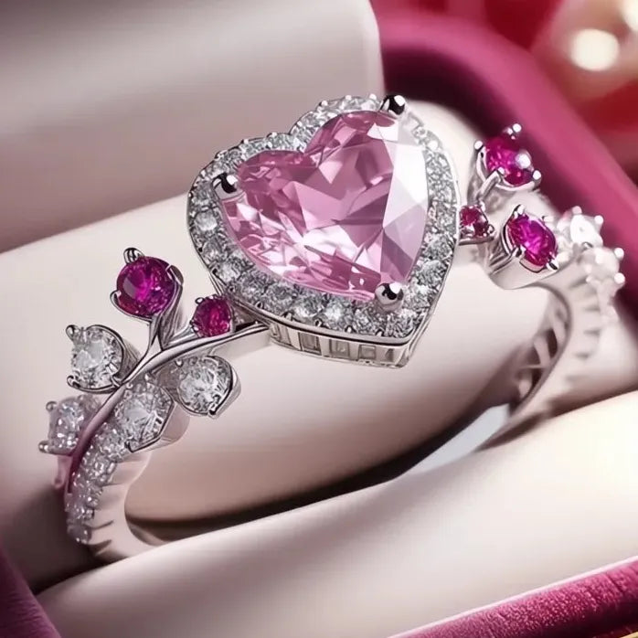 Heart Pink Cubic Zirconia Silver Wedding Ring for Women Engagement