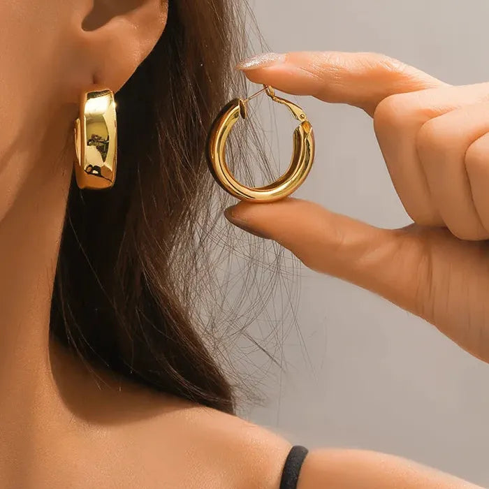 Gold C-Shaped Chunky Hoop Earrings Zinc Alloy Thick Huggie Jewelry Women