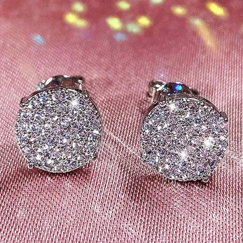 Round Stud Earrings with Shiny CZ Stone Silver Gold Copper Metal Jewelry Women