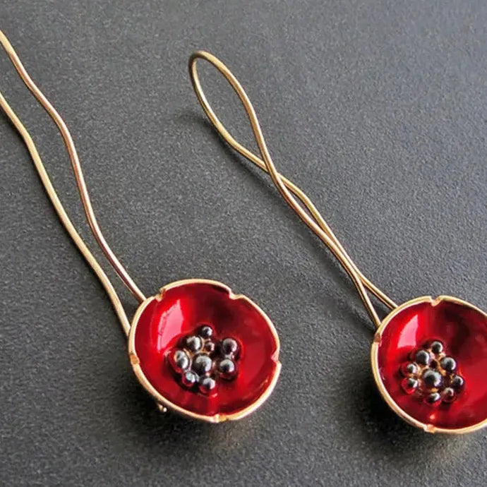 Red Silk Long Hook Drop Earrings with Flower Design Zinc Alloy Jewelry Gifts