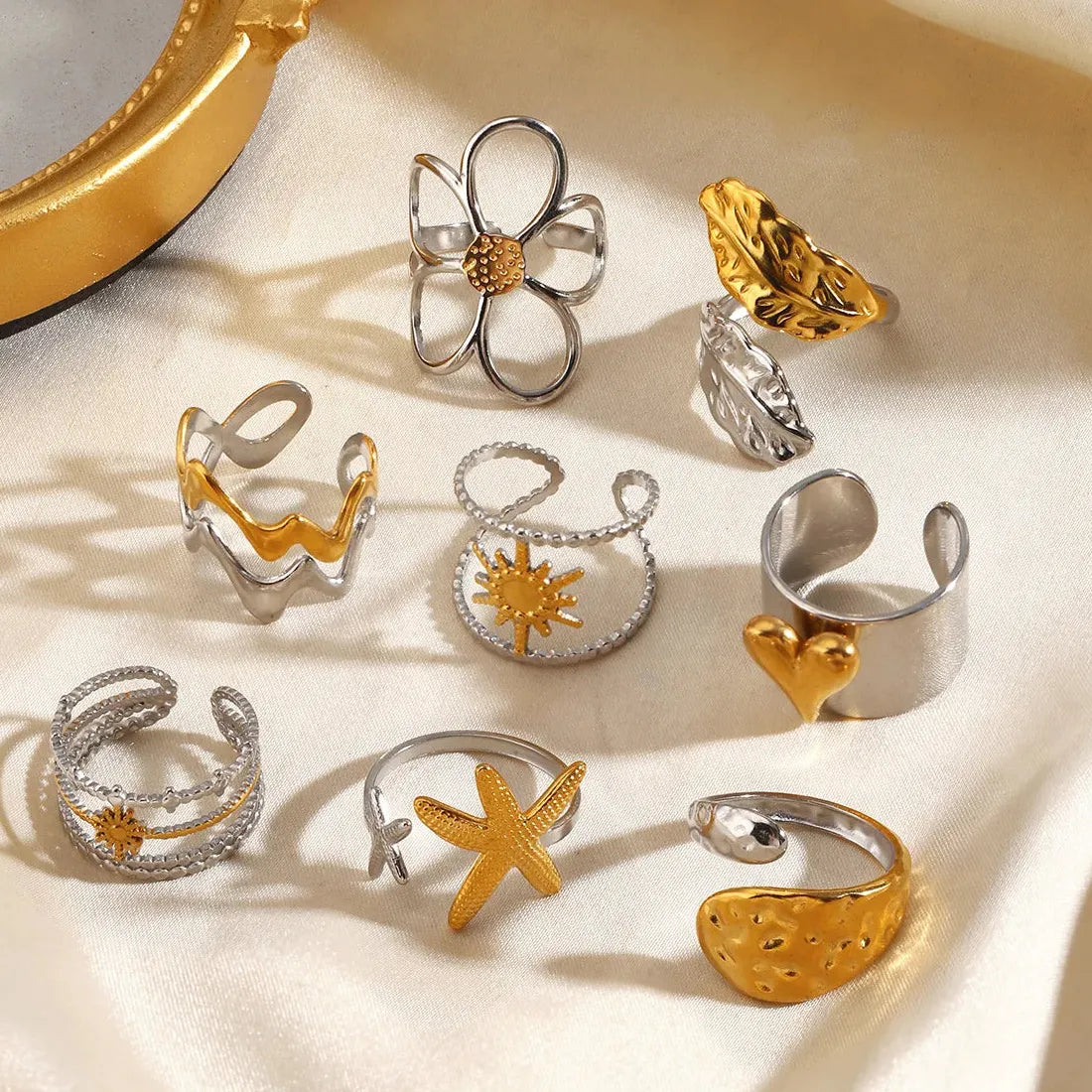 Vintage Stainless Steel Starfish Heart Flower Leaf Rings for Women Gifts Jewelry