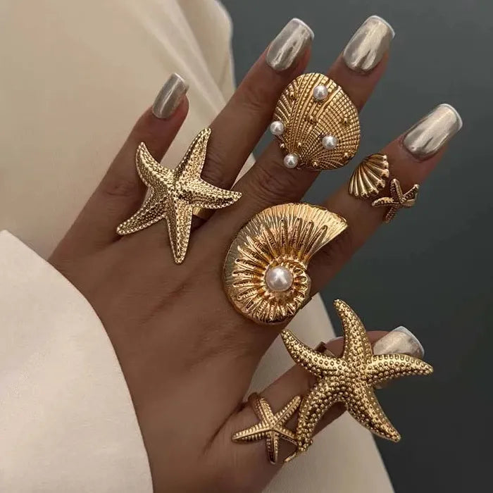 6Pcs Vintage Gold Starfish Pearl Knuckle Rings Set for Women Jewelry