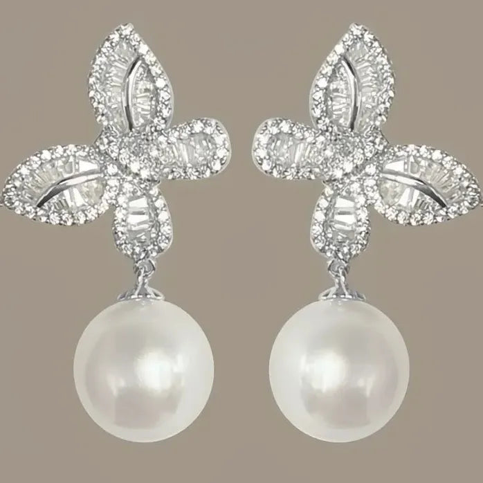 Butterfly Drop Earrings with Imitation Pearl & Sparkling CZ, Brass Jewelry
