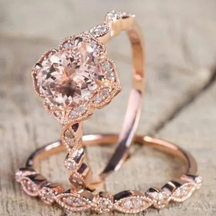 AAA Zircon Stone Micro Paved Rose Gold Bridal Engagement Ring Set Women’s Jewelry