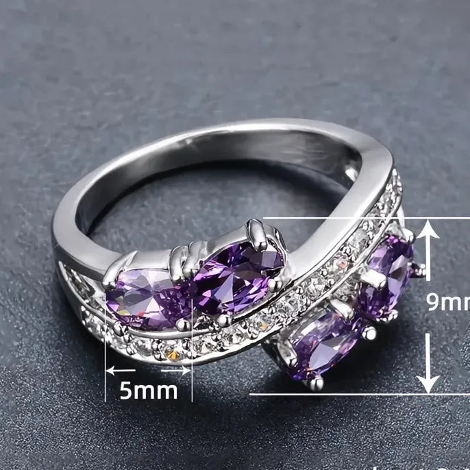 Women's Brass Geometric Ring with Purple Cubic Zirconia for Wedding Party