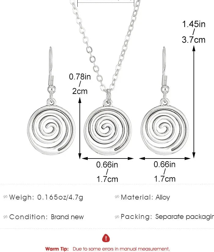Vintage Spiral Vortex Pentagram Necklace & Earrings Zinc Alloy Boho Y2K Jewelry