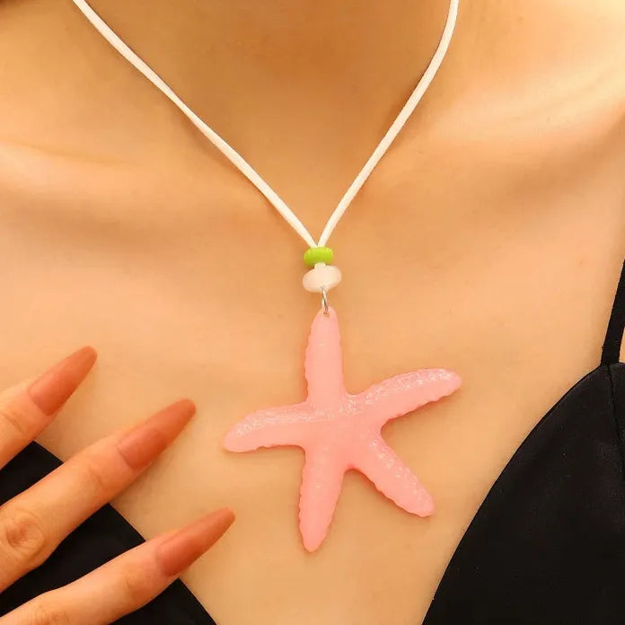 Candy Colored Starfish Pendant Necklace for Women Adjustable Nylon Rope