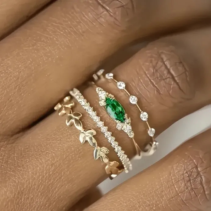 Gold Silver Green CZ Bridal Party Rings Set Fashion Jewelry Collection