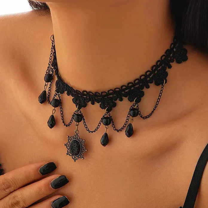 Black Lace Crystal Pendant Necklace Gothic Punk for Women Teens Gift