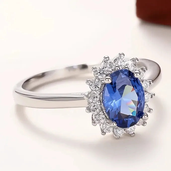 Aesthetic Sunflower Design Brass Ring with Blue Cubic Zirconia Women’s Wedding Anniversary Jewelry
