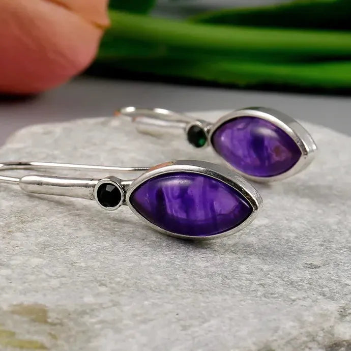 Horse Eye Shape Purple Zircon Drop Earrings Zinc Alloy Silver Plated Jewelry Gift